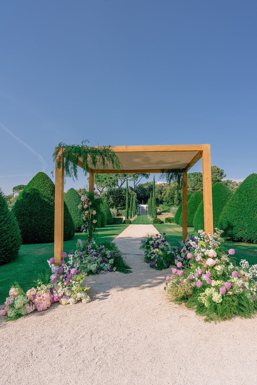 Luxury floral ceremony installation at Villa Baulieu wedding venue